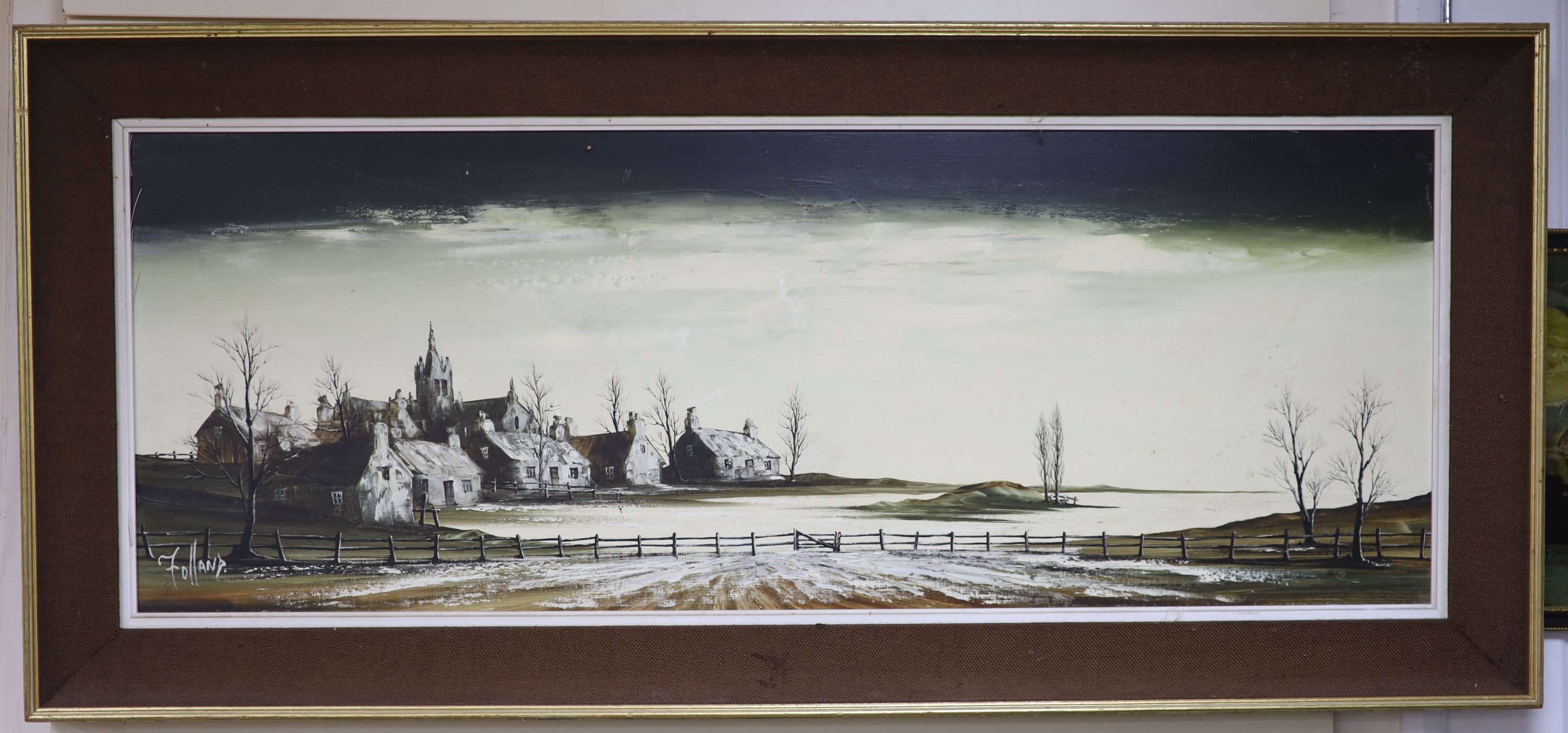Ronald Norman Folland (1932-1999), oil on canvas, Winter landscape, signed, 44 x 120cm